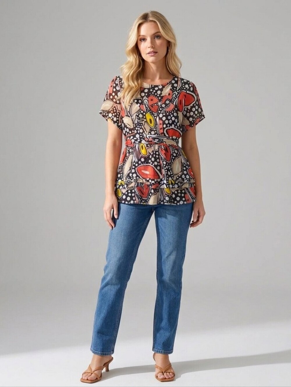 Essentials NEW Vintage Y2K Abstract Retro Print L Sheer Tie Waist Blouse Top